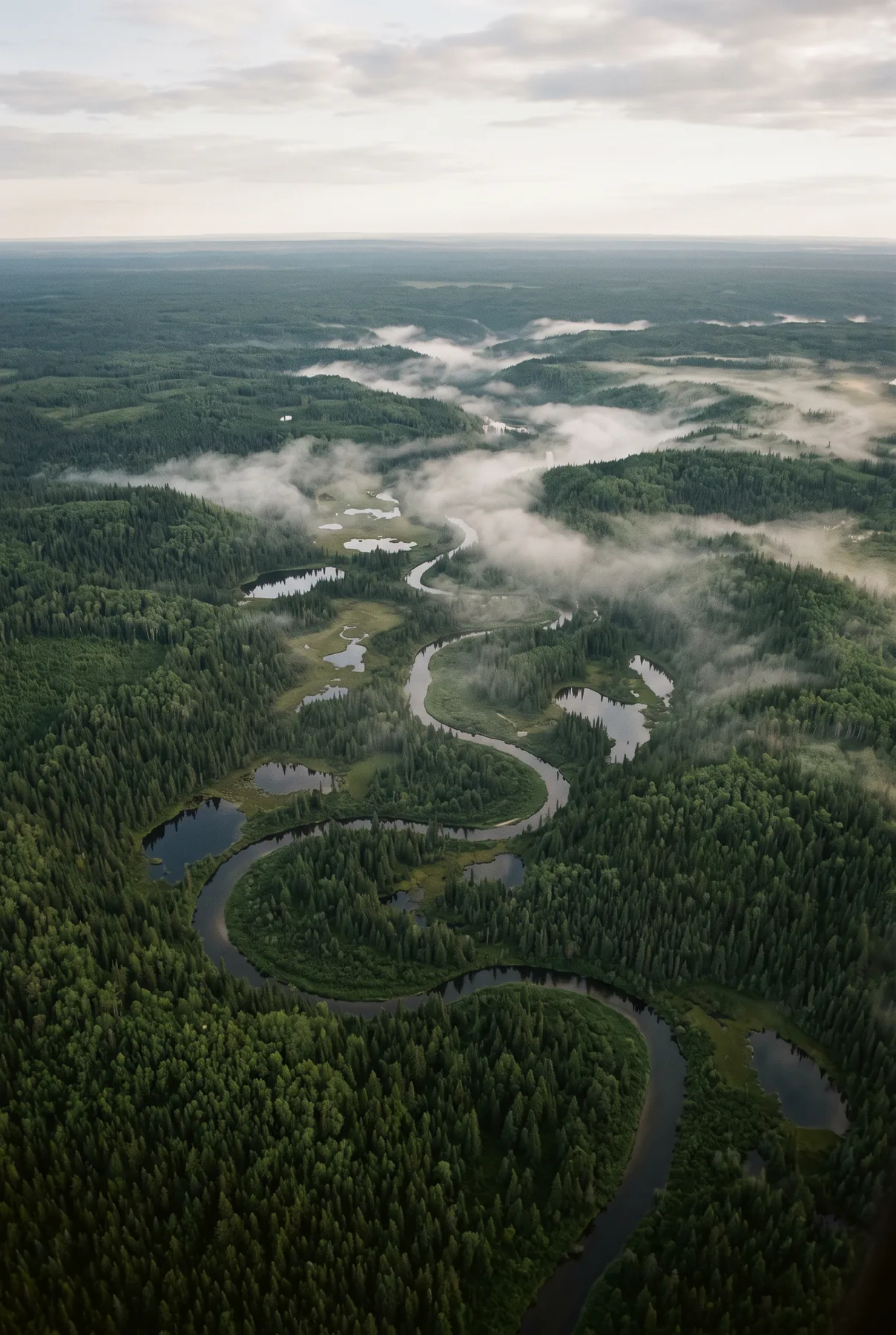 Vast Canadian boreal forest and a winding river seen from the air