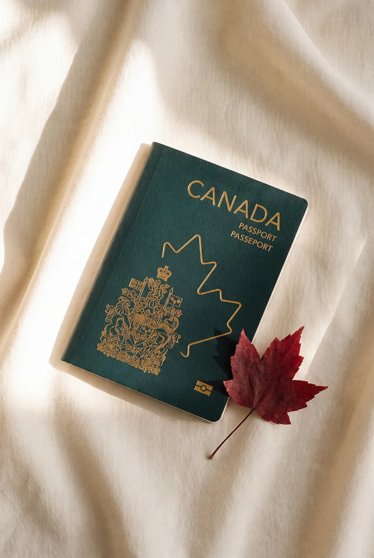 A Canadian passport resting on ivory linen beside a red maple leaf