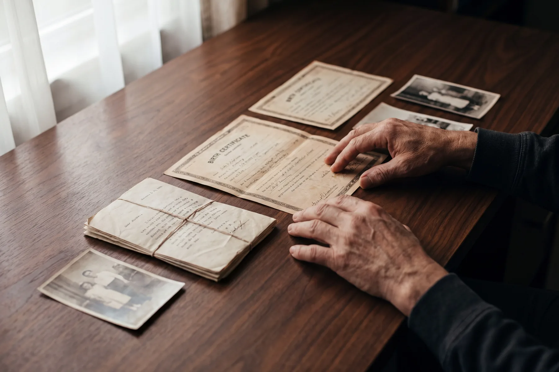 Family documents laid out in rows on a desk