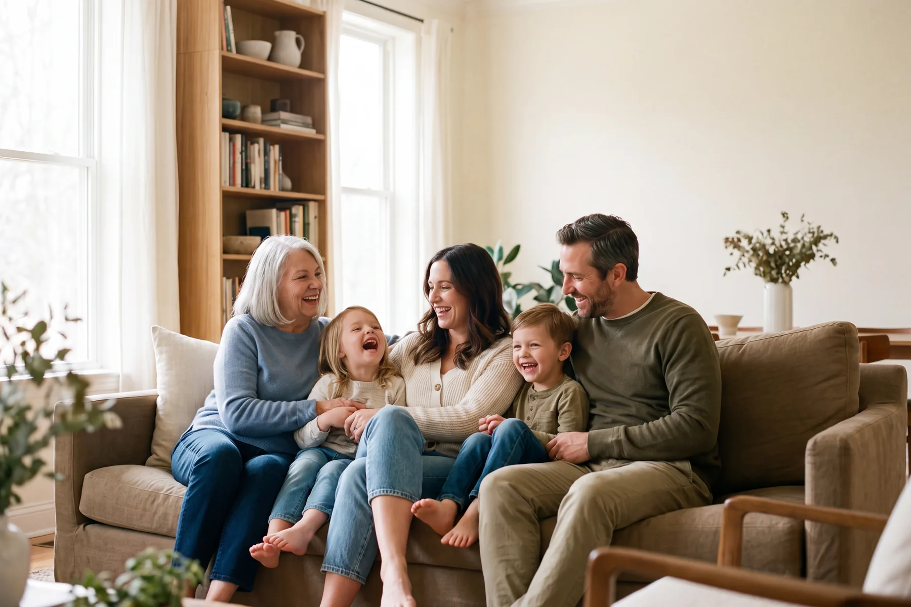 Three generations of a family laughing together at home